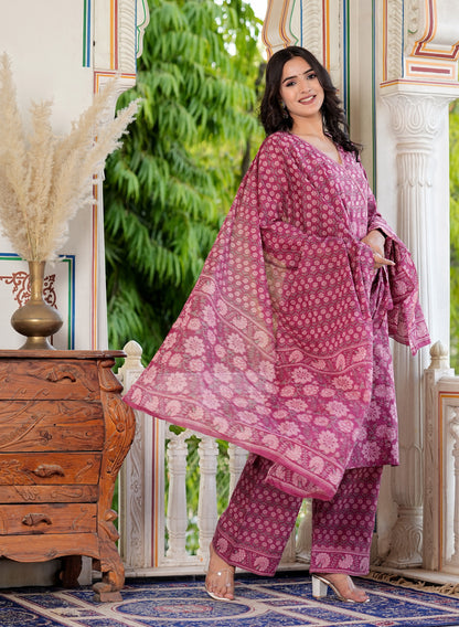 Dark Pink Floral Printed Straight Cotton Kurta Set