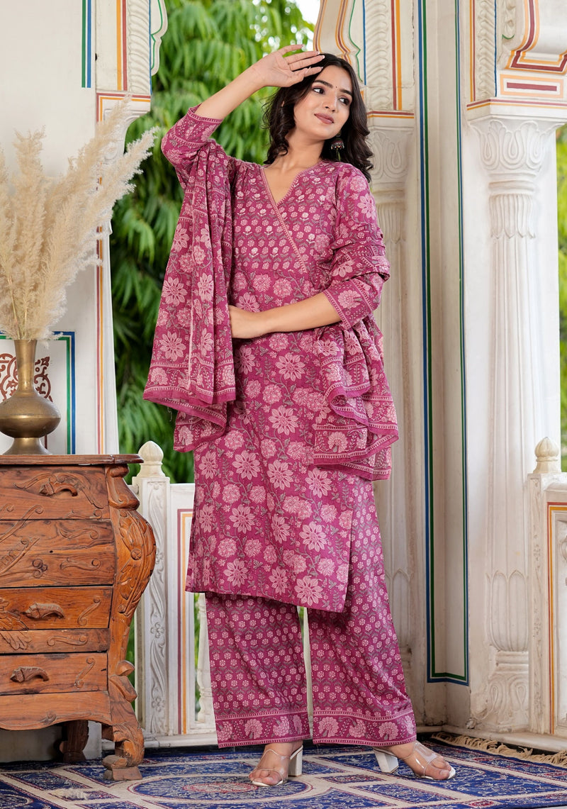 Dark Pink Floral Printed Straight Cotton Kurta Set