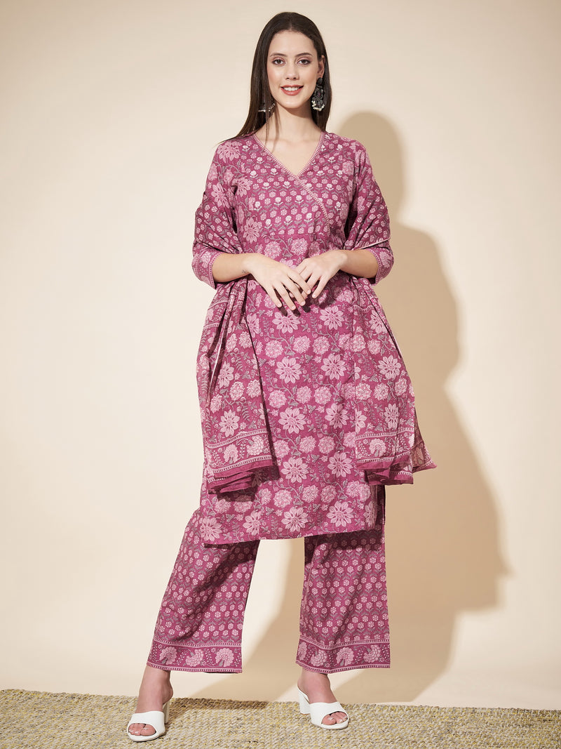 Dark-Pink Printed Straight Cotton Kurta Set