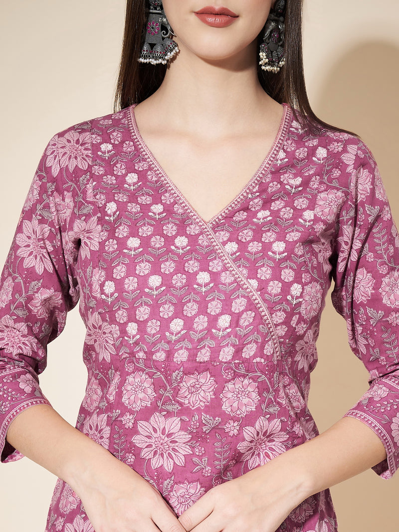 Dark-Pink Printed Straight Cotton Kurta Set