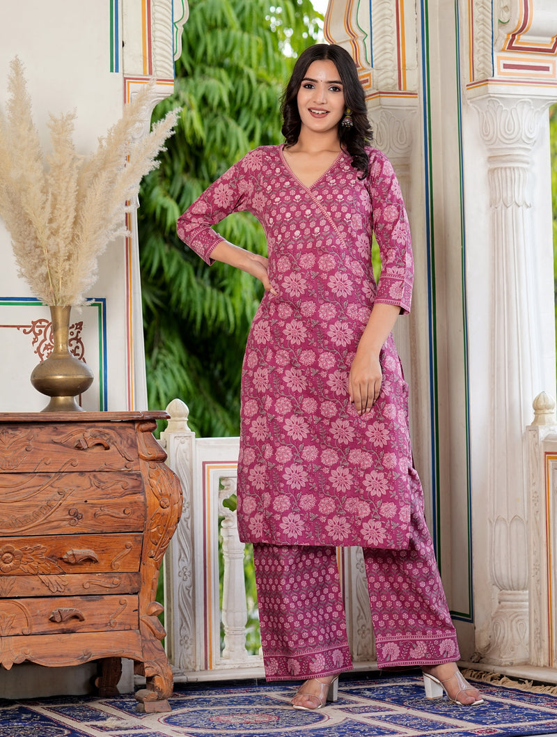 Dark Pink Floral Printed Straight Cotton Kurta Set