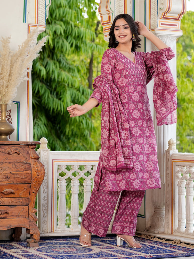 Dark Pink Floral Printed Straight Cotton Kurta Set