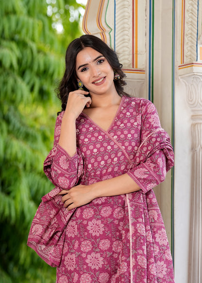 Dark Pink Floral Printed Straight Cotton Kurta Set