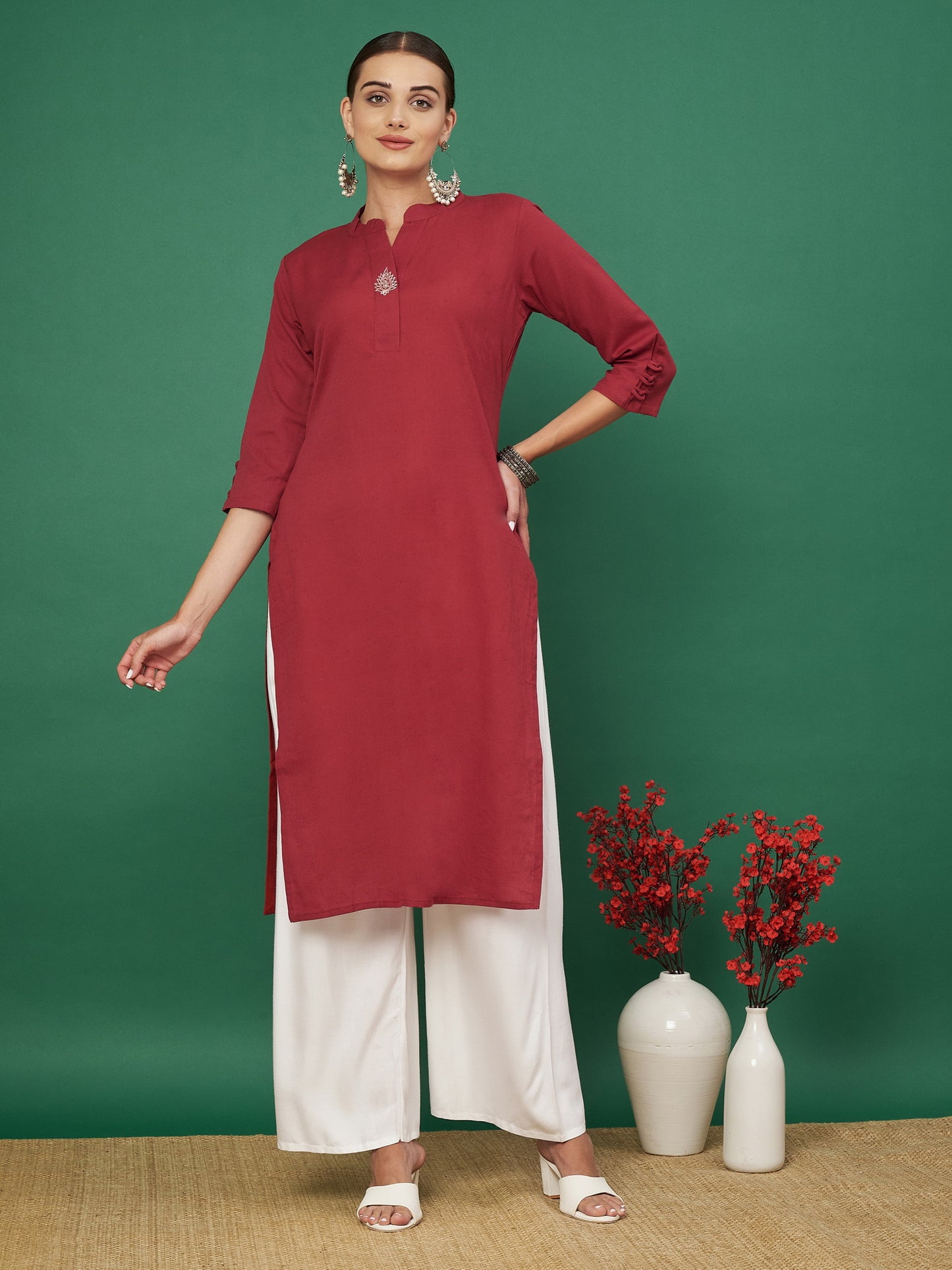 Maroon Cotton Flex Straight Kurta