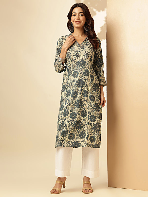 Aqua Blue Floral Printed Straight Cotton Stitched Kurta