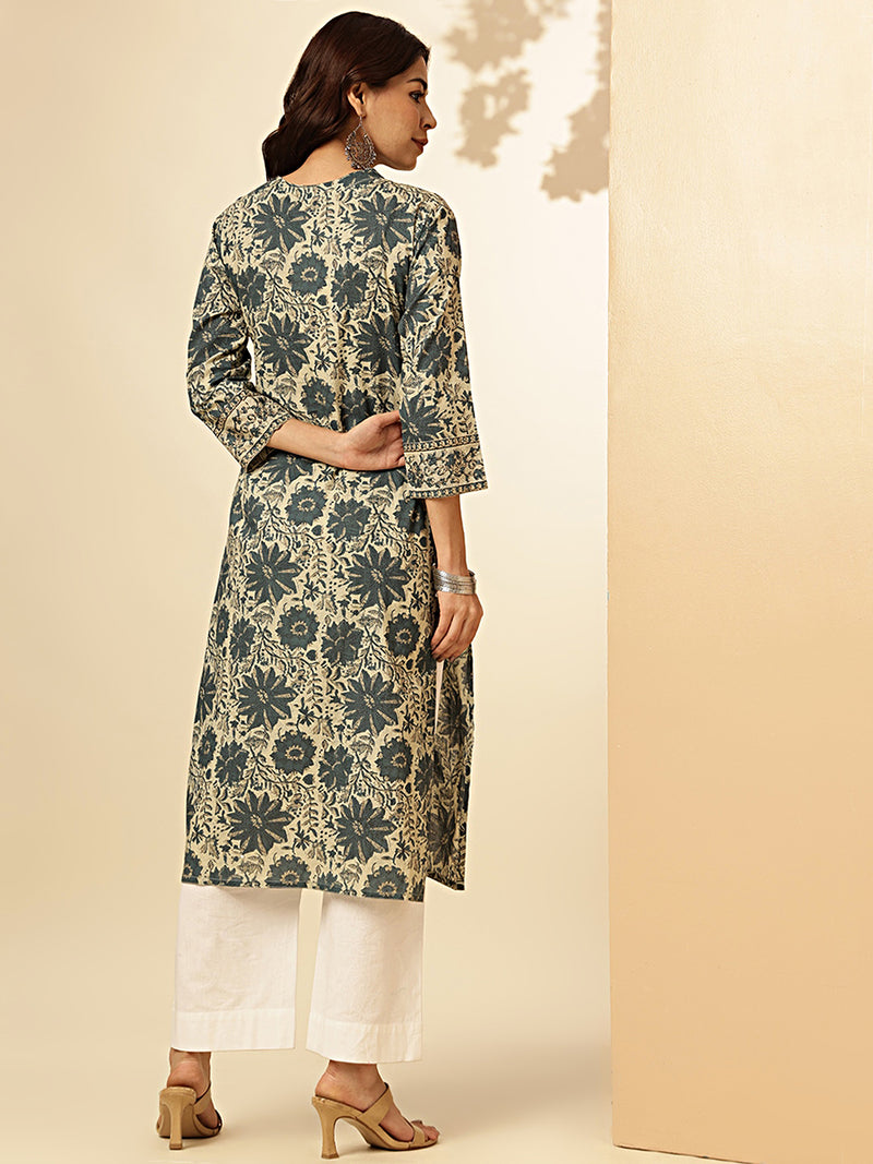 Aqua Blue Floral Printed Straight Cotton Stitched Kurta