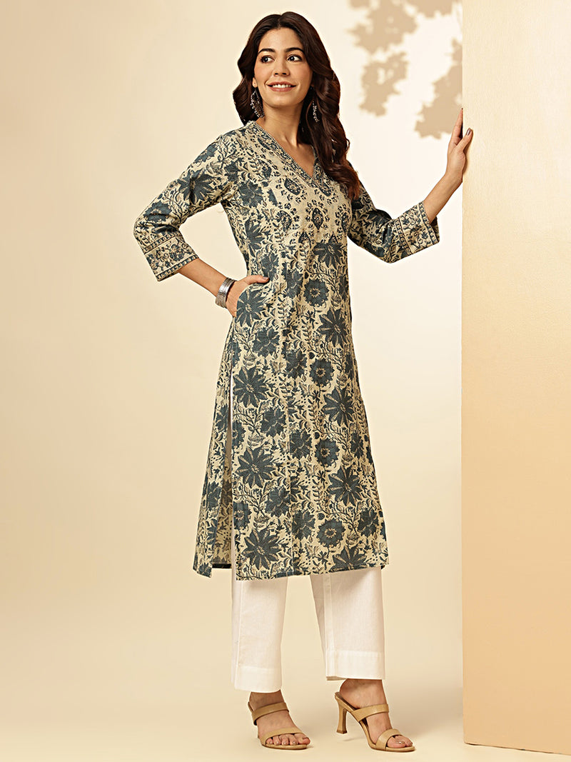 Aqua Blue Floral Printed Straight Cotton Stitched Kurta