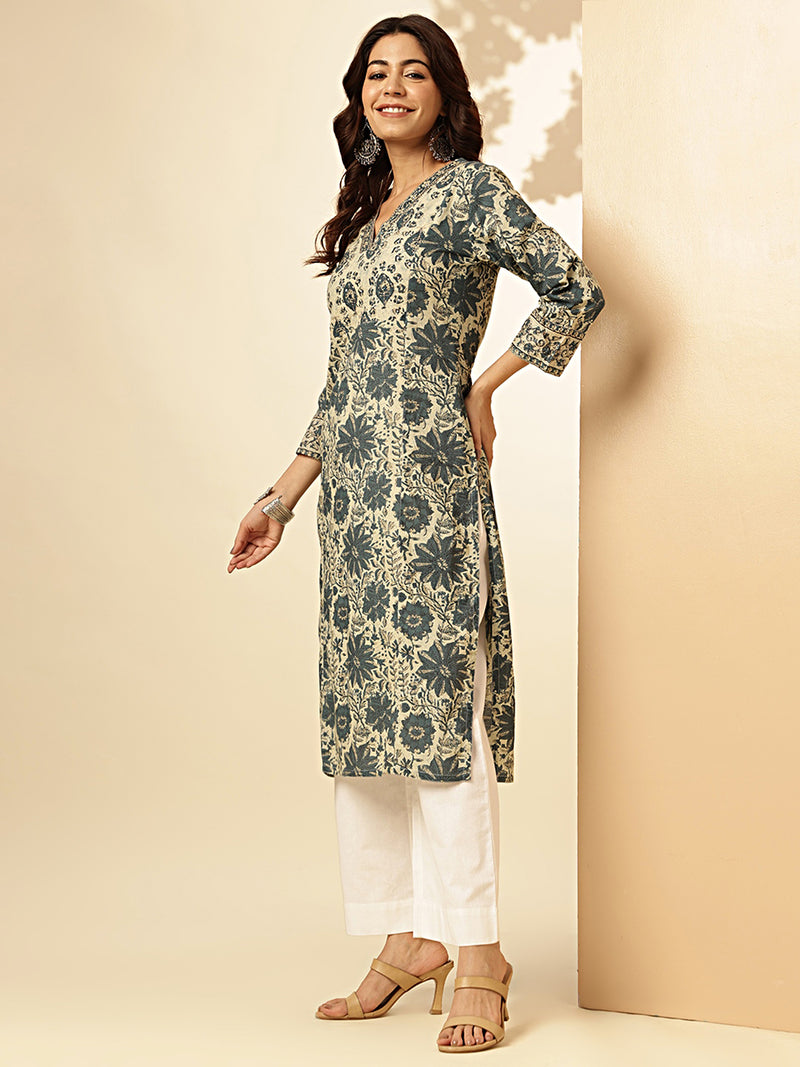 Aqua Blue Floral Printed Straight Cotton Stitched Kurta