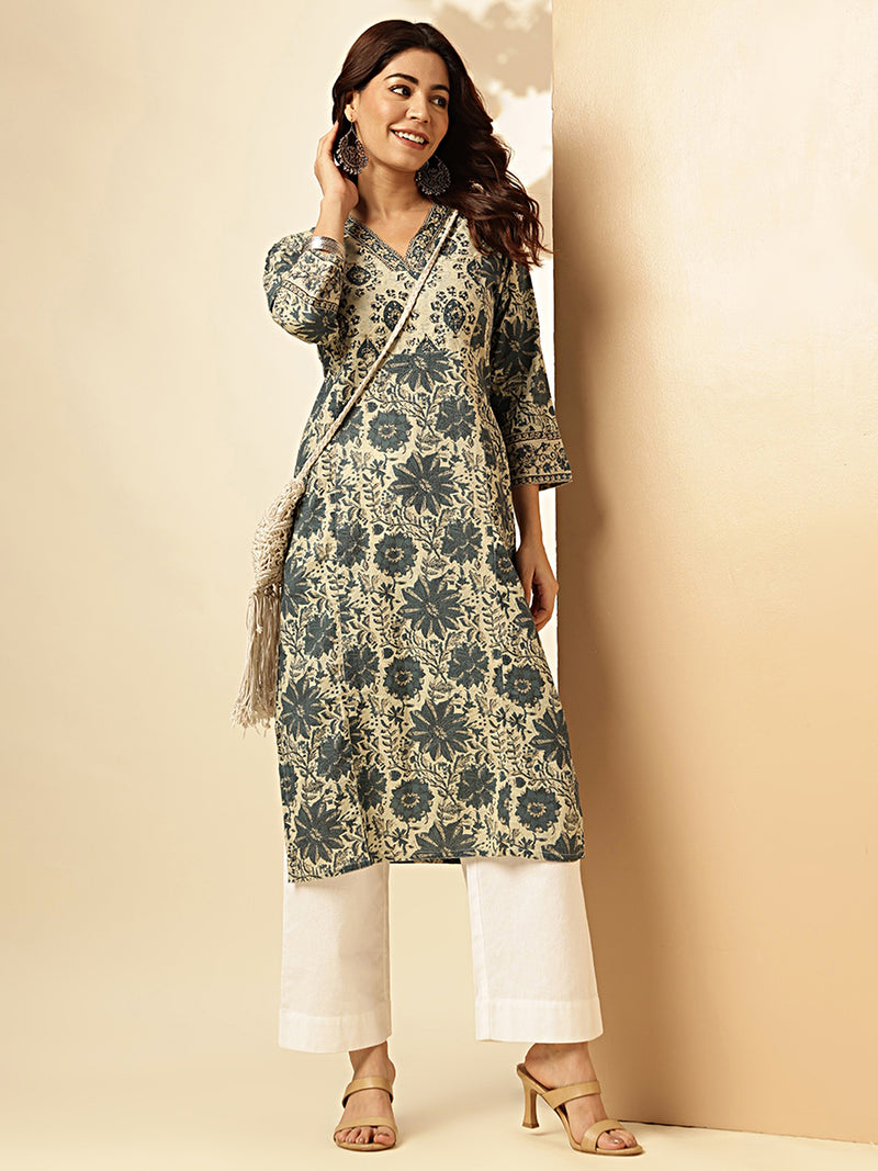 Aqua Blue Floral Printed Straight Cotton Stitched Kurta