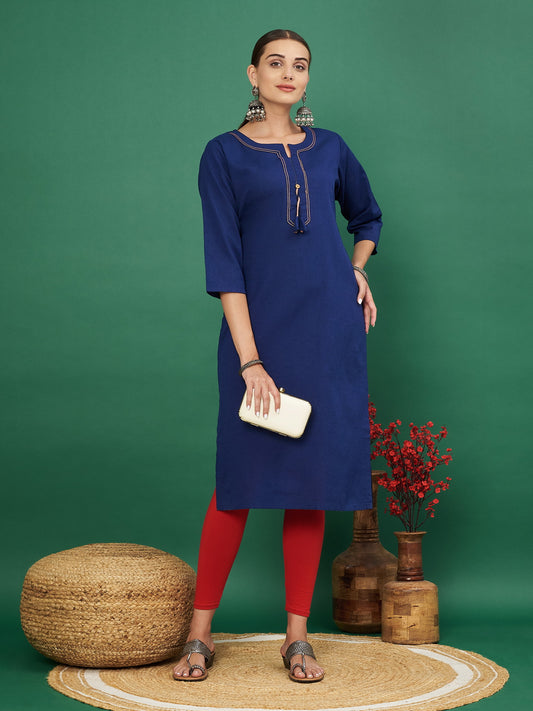 Blue Solid Straight Cotton Flex Kurta