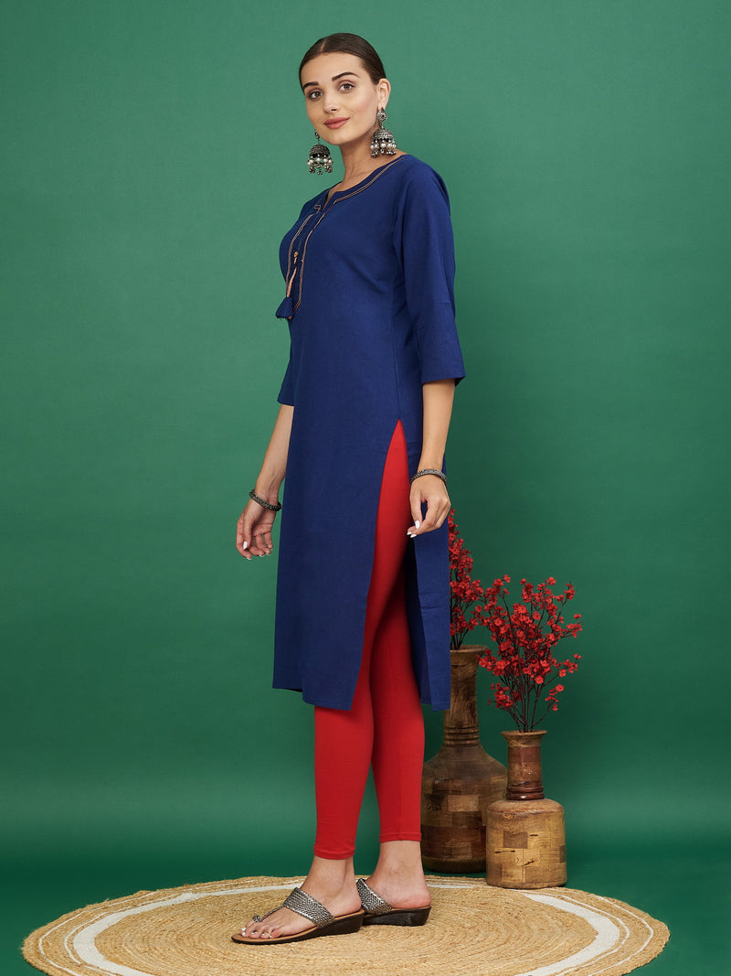 Blue Solid Straight Cotton Flex Kurta