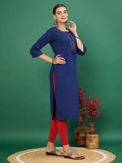 Blue Solid Straight Cotton Flex Kurta