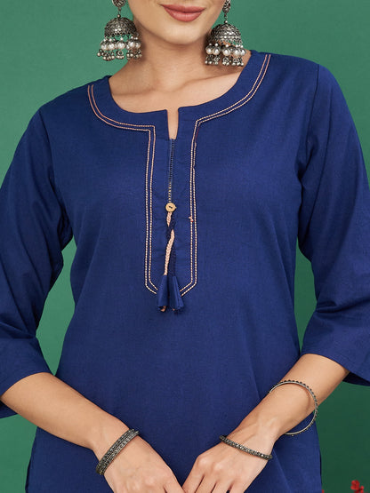 Blue Solid Straight Cotton Flex Kurta