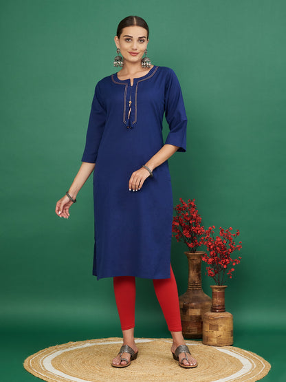 Blue Solid Straight Cotton Flex Kurta