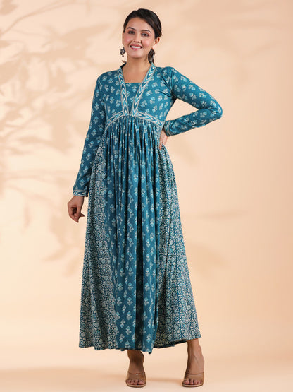 VBUYZ Aqua Blue Alia Cut Cotton Anarkali Dress For Woman | Long Dress | Gown | Ethnics | Full Sleeve Dress