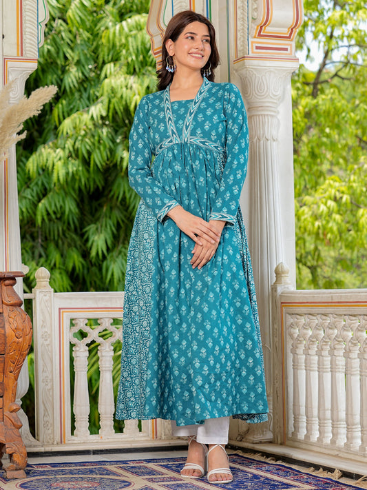 Aqua Blue Printed Cotton Gown