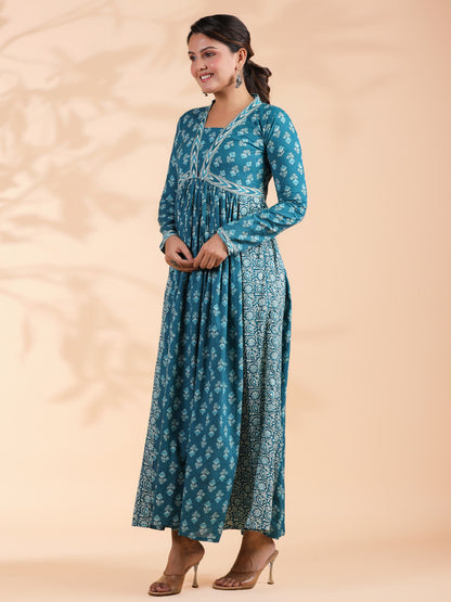 VBUYZ Aqua Blue Alia Cut Cotton Anarkali Dress For Woman | Long Dress | Gown | Ethnics | Full Sleeve Dress