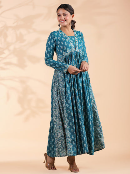 VBUYZ Aqua Blue Alia Cut Cotton Anarkali Dress For Woman | Long Dress | Gown | Ethnics | Full Sleeve Dress