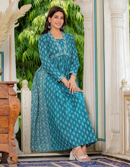 Aqua Blue Printed Cotton Gown