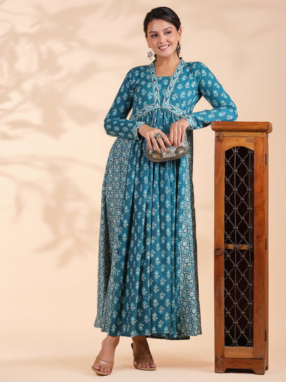 VBUYZ Aqua Blue Alia Cut Cotton Anarkali Dress For Woman | Long Dress | Gown | Ethnics | Full Sleeve Dress