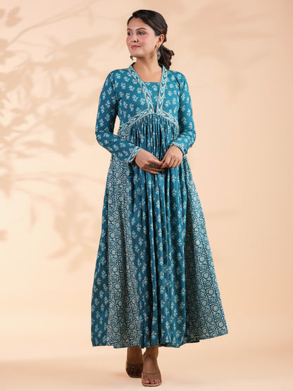 VBUYZ Aqua Blue Alia Cut Cotton Anarkali Dress For Woman | Long Dress | Gown | Ethnics | Full Sleeve Dress