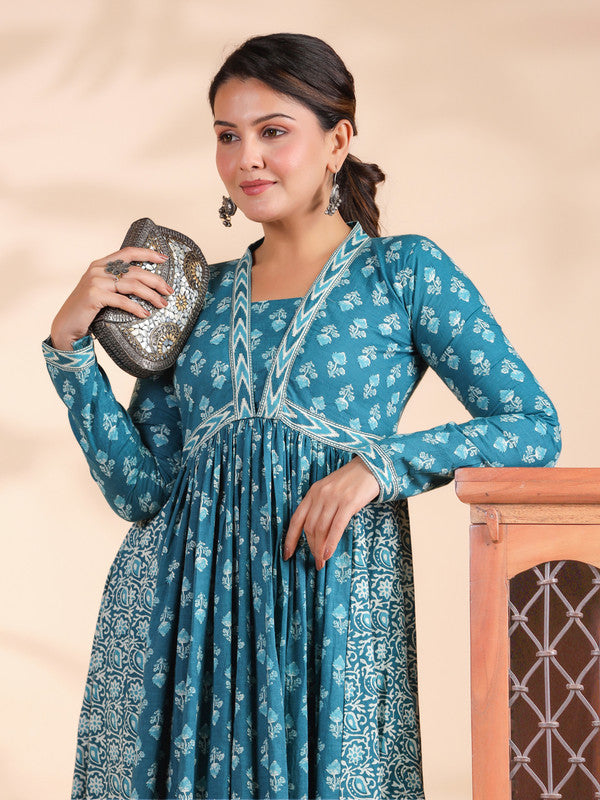 VBUYZ Aqua Blue Alia Cut Cotton Anarkali Dress For Woman | Long Dress | Gown | Ethnics | Full Sleeve Dress