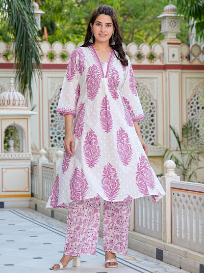 Pink Cotton Printed Kurta with Palazoo