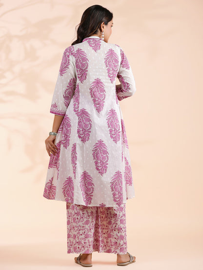 Pink Floral Print A-Line Cotton Stitched Kurta With Palazzo