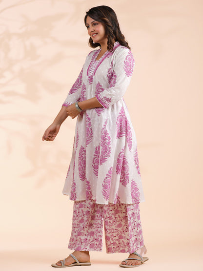 Pink Floral Print A-Line Cotton Stitched Kurta With Palazzo