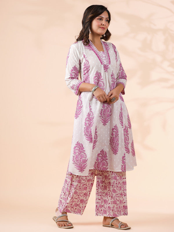 Pink Floral Print A-Line Cotton Stitched Kurta With Palazzo