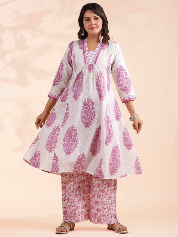 Pink Floral Print A-Line Cotton Stitched Kurta With Palazzo