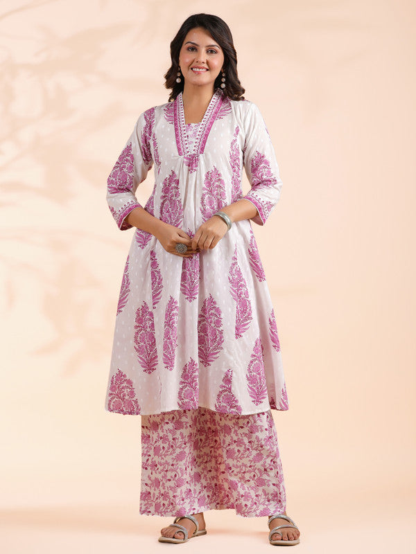 Pink Floral Print A-Line Cotton Stitched Kurta With Palazzo