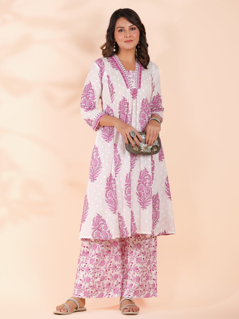 Pink Floral Print A-Line Cotton Stitched Kurta With Palazzo