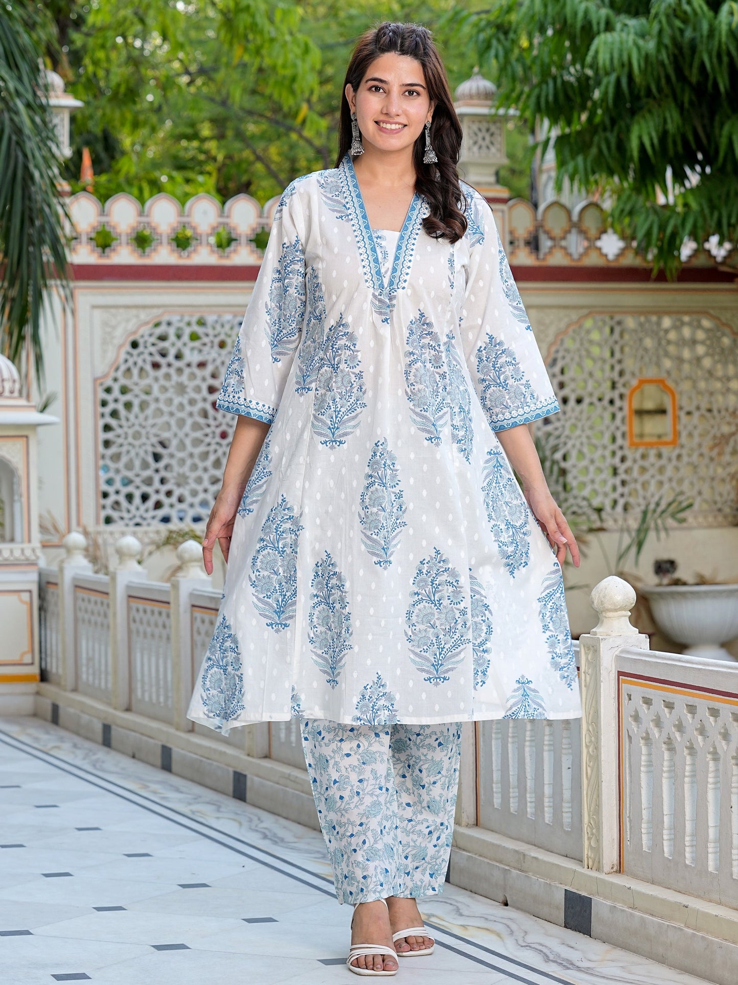 Blue Cotton Printed Kurta with Palazoo