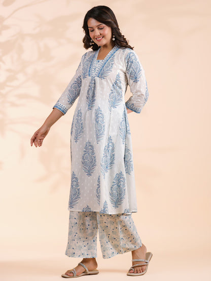 Blue Floral Print A-Line Cotton Stitched Kurta With Palazzo