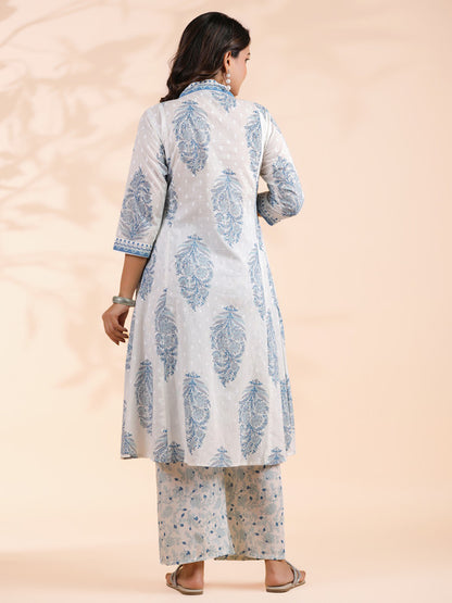 Blue Floral Print A-Line Cotton Stitched Kurta With Palazzo