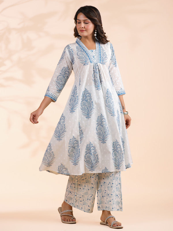 Blue Floral Print A-Line Cotton Stitched Kurta With Palazzo