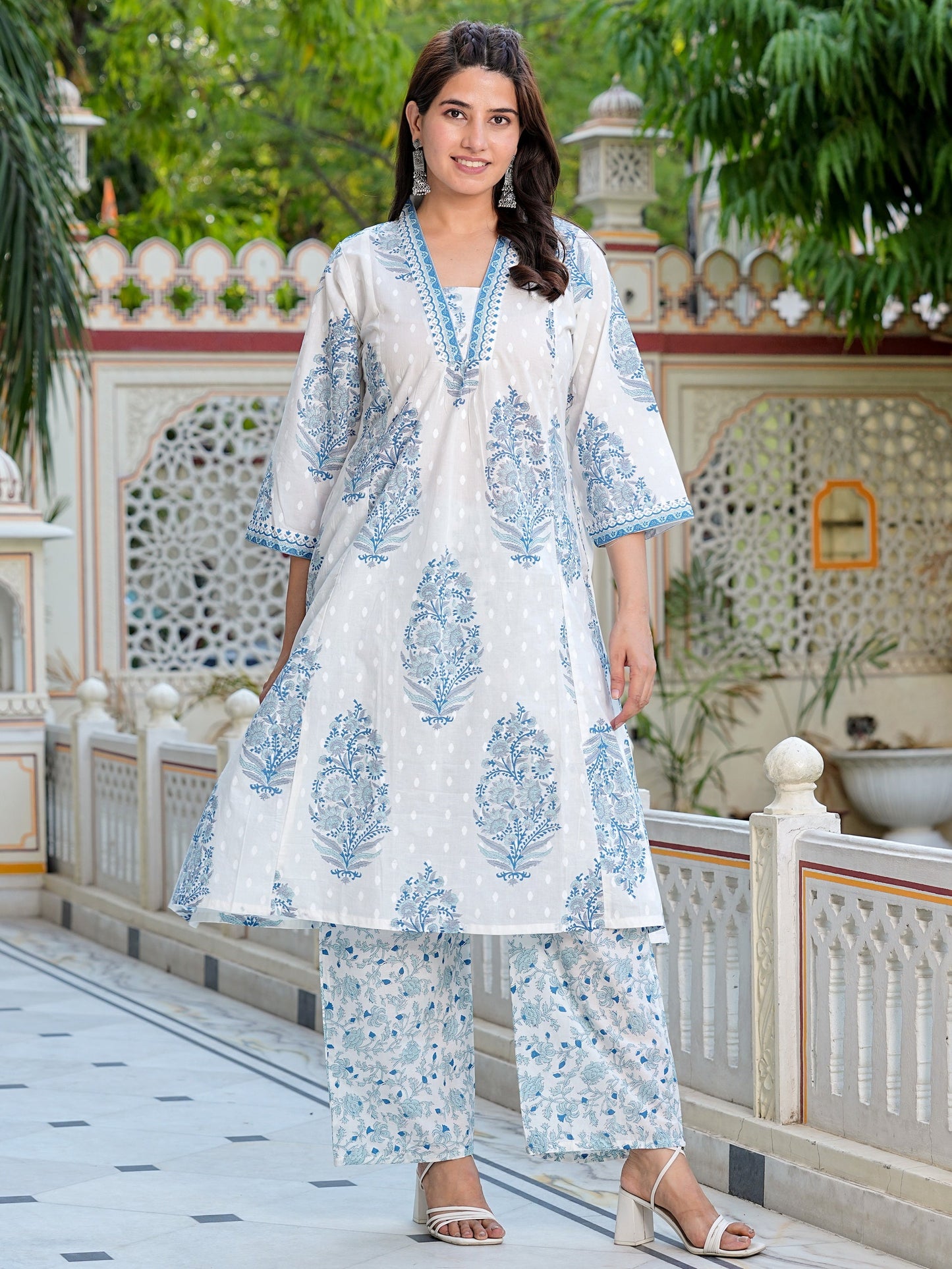 Blue Cotton Printed Kurta with Palazoo