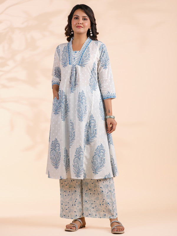 Blue Floral Print A-Line Cotton Stitched Kurta With Palazzo