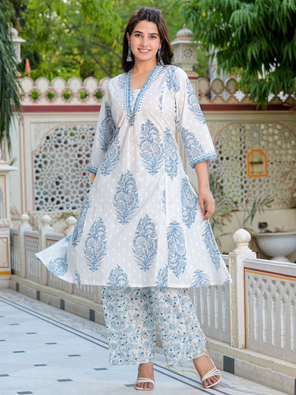 Blue Cotton Printed Kurta with Palazoo