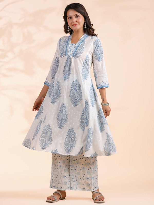 Blue Floral Print A-Line Cotton Stitched Kurta With Palazzo