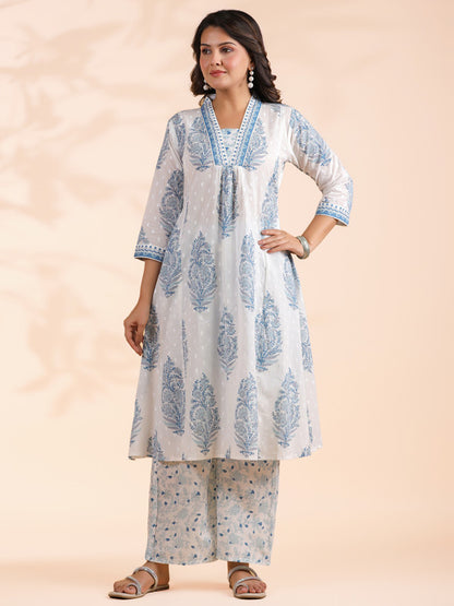 Blue Floral Print A-Line Cotton Stitched Kurta With Palazzo