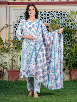 Blue Floral Printed Straight Cotton Kurta Set