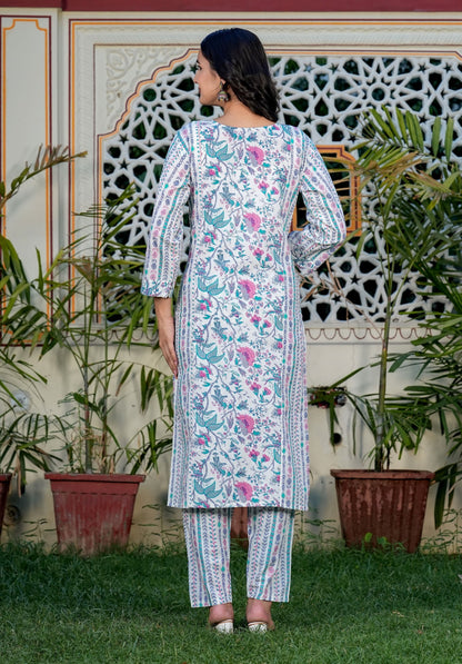 Blue Floral Printed Straight Cotton Kurta Set