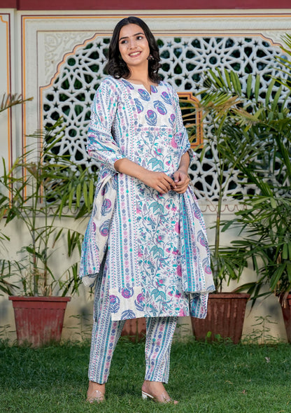 Blue Floral Printed Straight Cotton Kurta Set