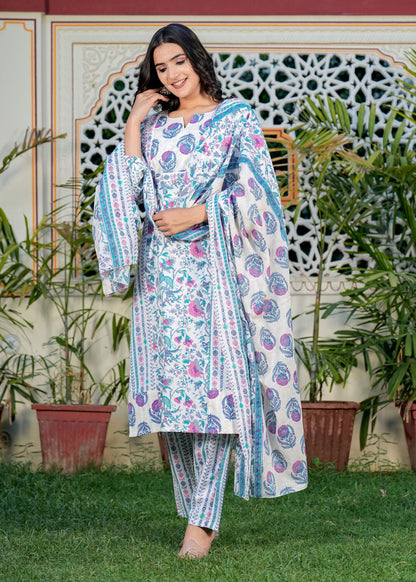 Blue Floral Printed Straight Cotton Kurta Set