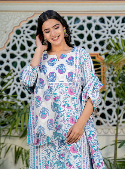 Blue Floral Printed Straight Cotton Kurta Set