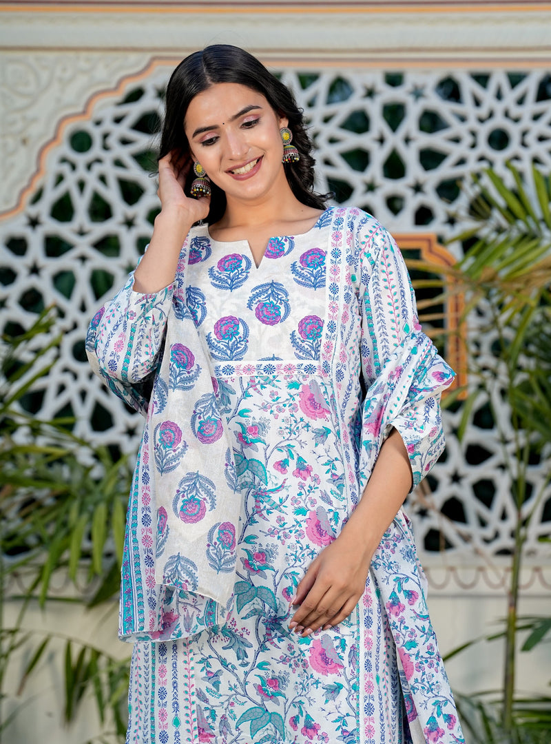 Blue Floral Printed Straight Cotton Kurta Set