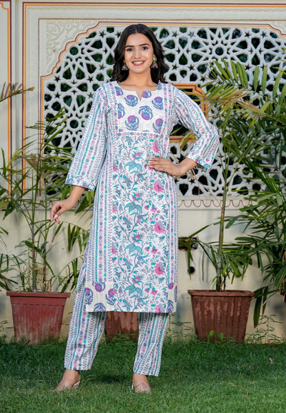 Blue Floral Printed Straight Cotton Kurta Set