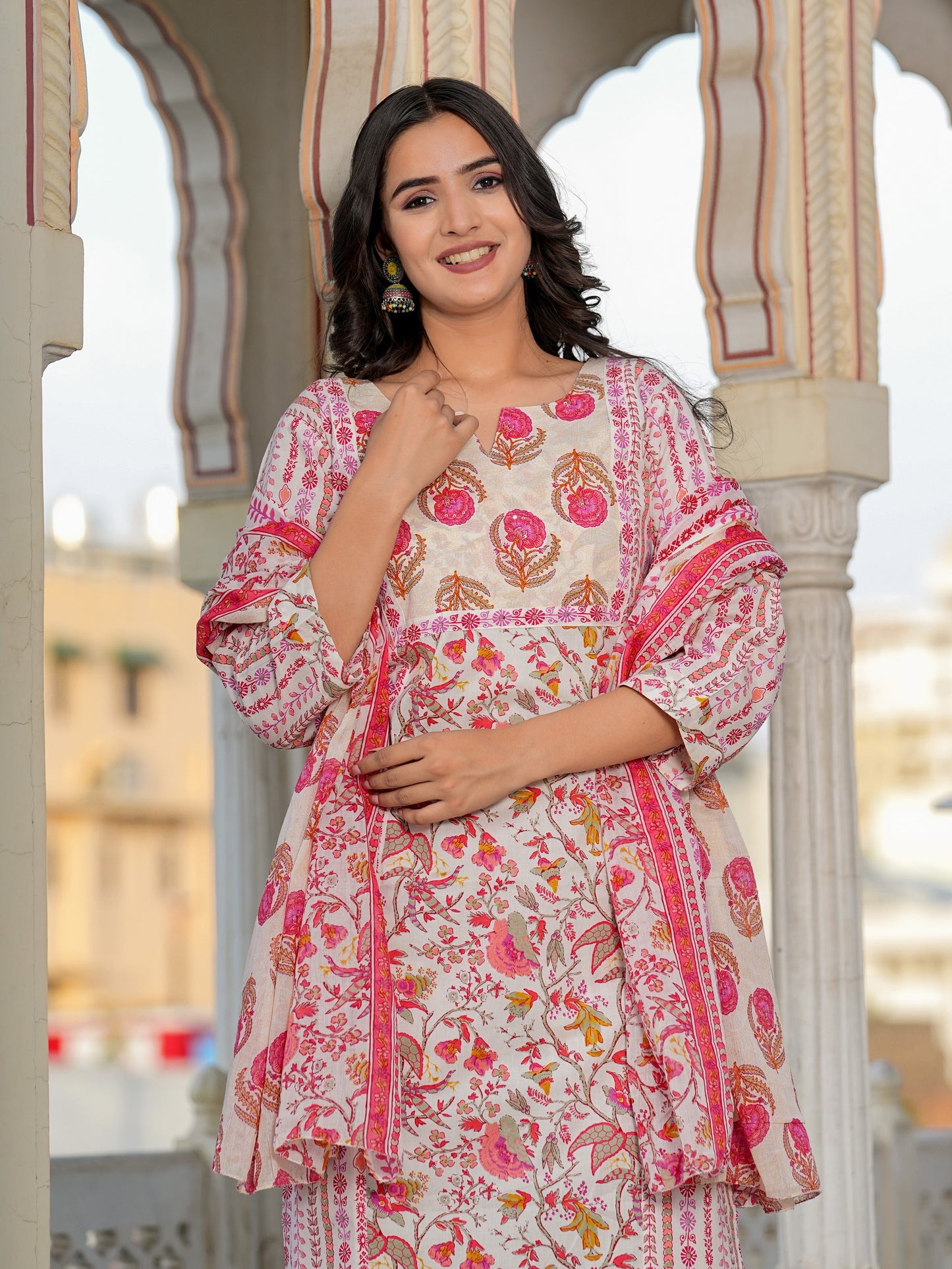 Pink Floral Printed Straight Cotton Kurta Set